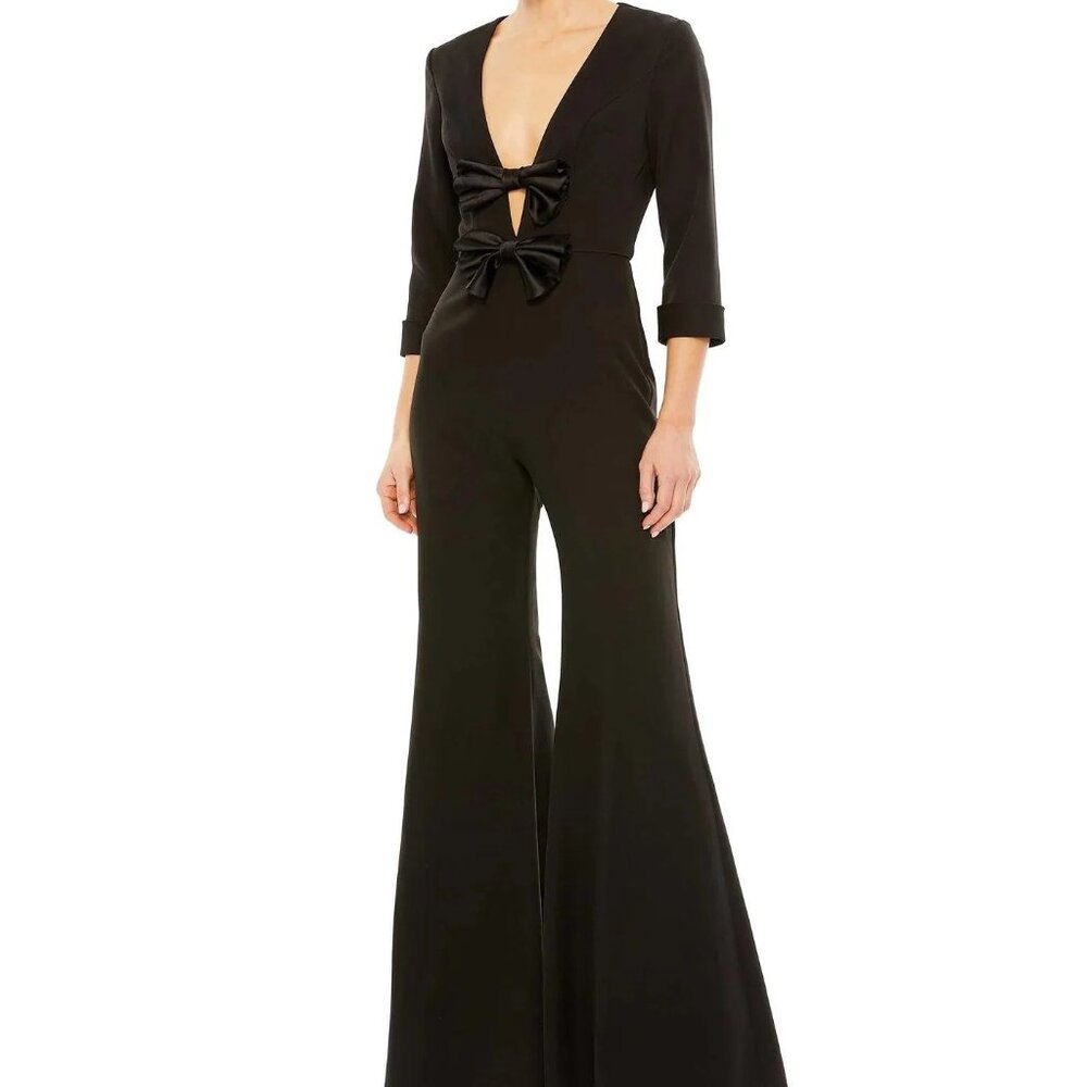 Ieena for Mac Duggal A27033 Black Long Sleeve Bow Detail Jumpsuit Size 6